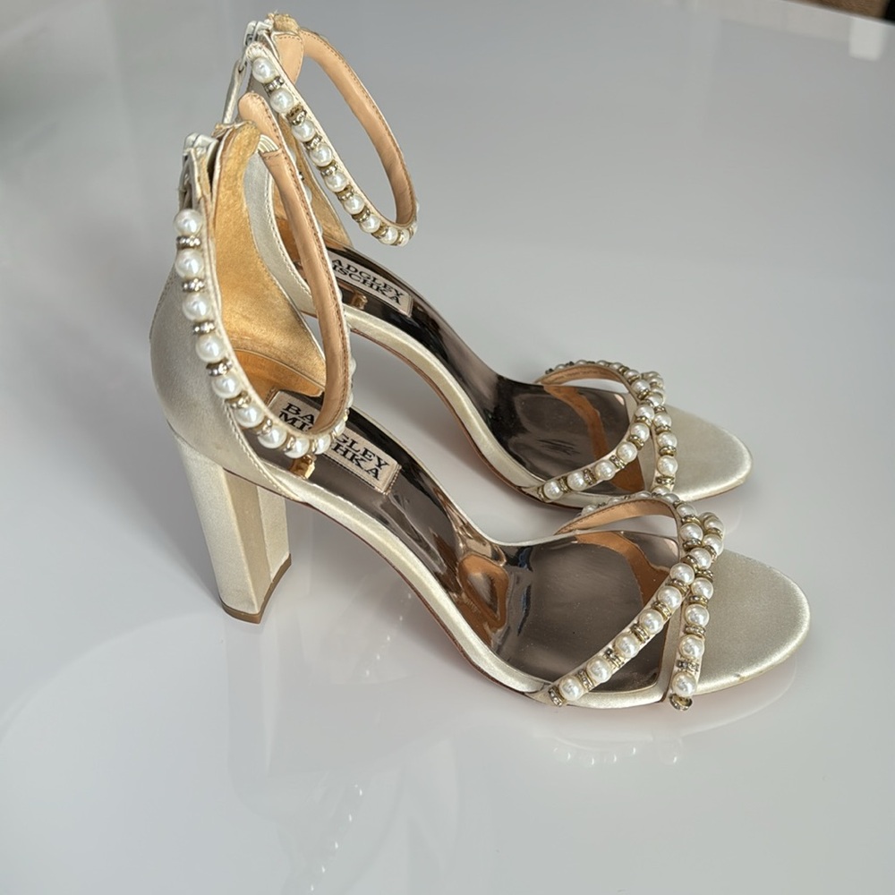 Bartley Mischka Fiesty Pearl Satin Block Heel
